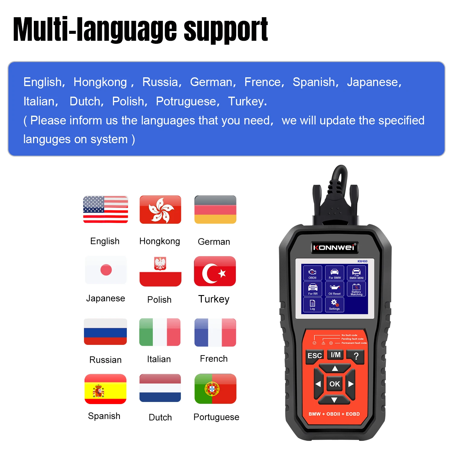 2026 KONNWEI KW480 Obd2 الماسح الضوئي قارئ رمز السيارات النفط TPMS إعادة تعيين محول أنظمة كاملة الماسح الضوئي أدوات تشخيص السيارات لسيارات BMW