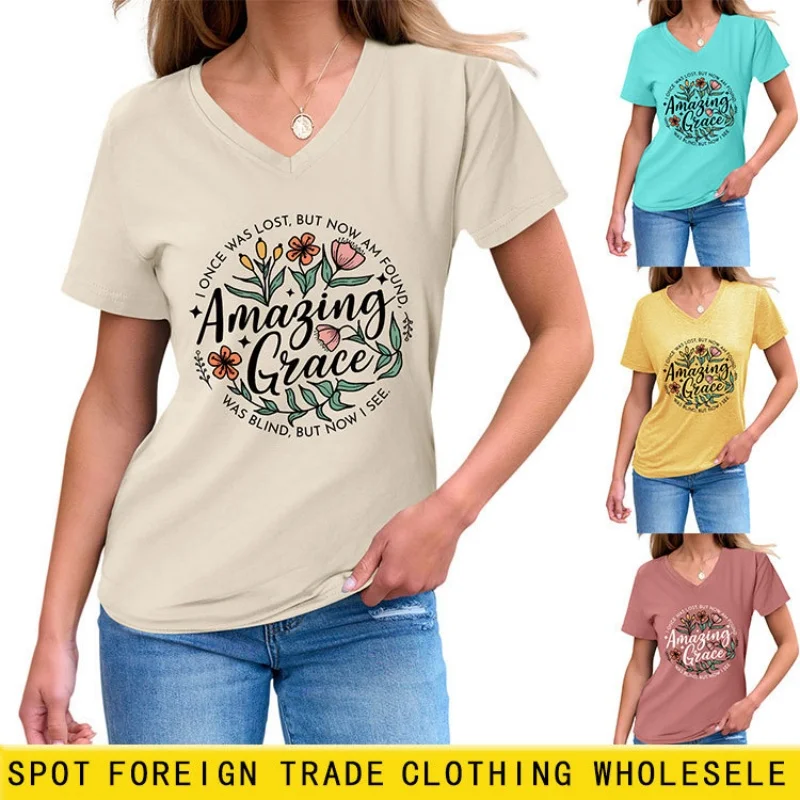 

Summer V-neck short-sleeved T-shirt for women - stylish design print, loose and casual American retro style top