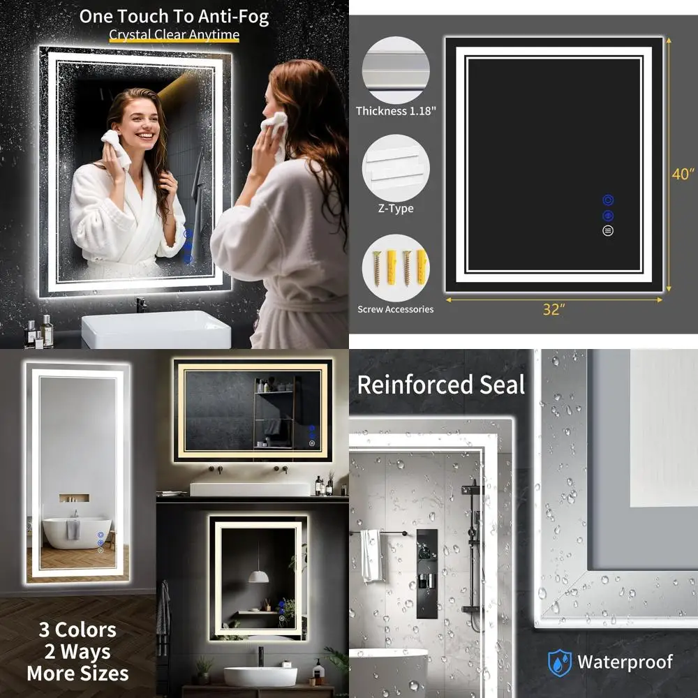 

40 x 32 LED Mirror with Anti-Fog, Step Dimmable Lights, 3 Color Options, Tempered Glass, Memory Function & Waterproof