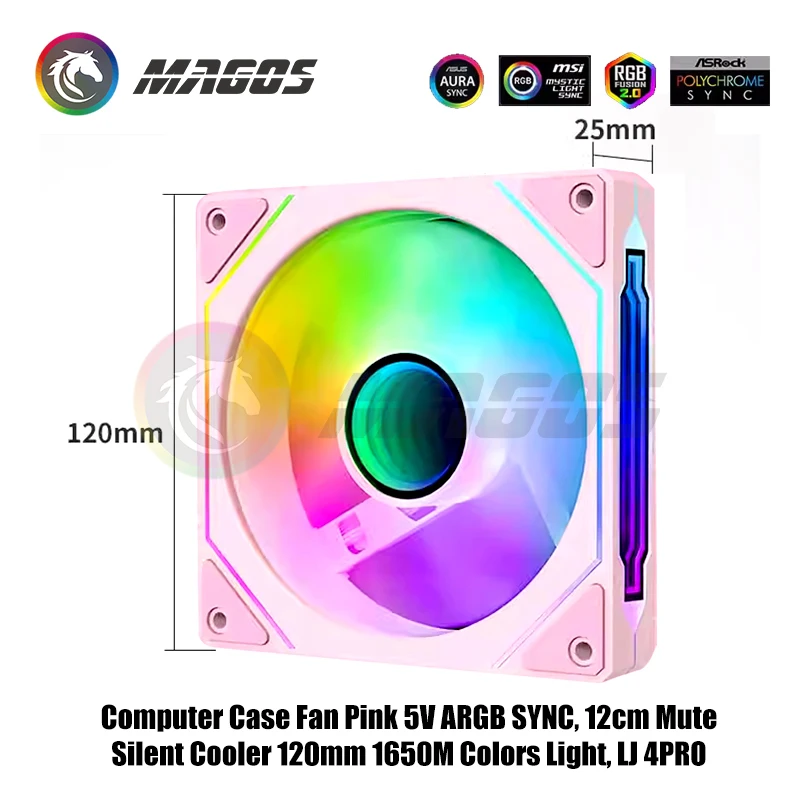 Ventola per case del computer Rosa 5V ARGB SYNC, dispositivo di raffreddamento CPU silenzioso muto da 12 cm 120 mm 16,5 M Colori luce, lama avanti o retromarcia, LJ 4PRO