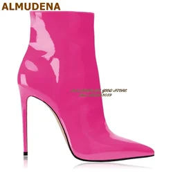 ALMUDENA Hot Pink Mirror Leather 12Cm Sky High Heel Ankle Boots Pointed Toe Zipped Dress Shoes Royal Blue Red Patent Leather