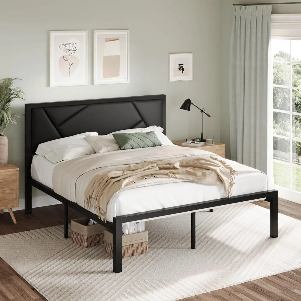 Queen Size Bed Frame with Leather Headboard, Heavy Duty Metal Slats Support Platform Bed, Geometric Line Design, No Box