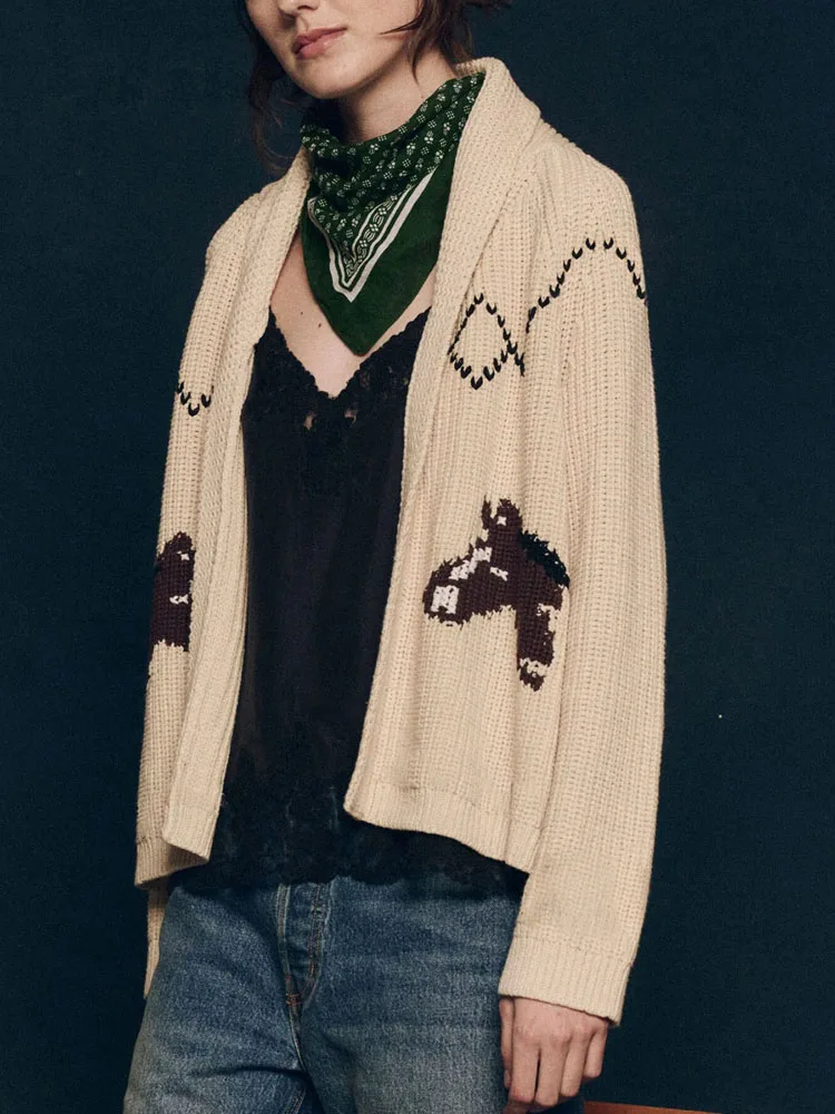 

Women Fashion Pattern Print Sweater Outercoat Autumn Winter Casual Knitted Cardigan Elegant Lapel Collar Long Sleeve Loose Coats