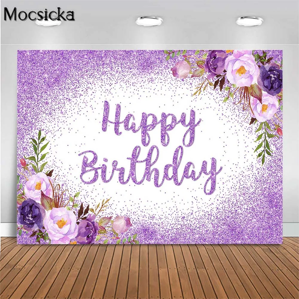 

Mocsicka Happy Birthday Backdrop Purple Dots Floral Women Birthday Party Decor Photo Background for Studio Photography Backdrops