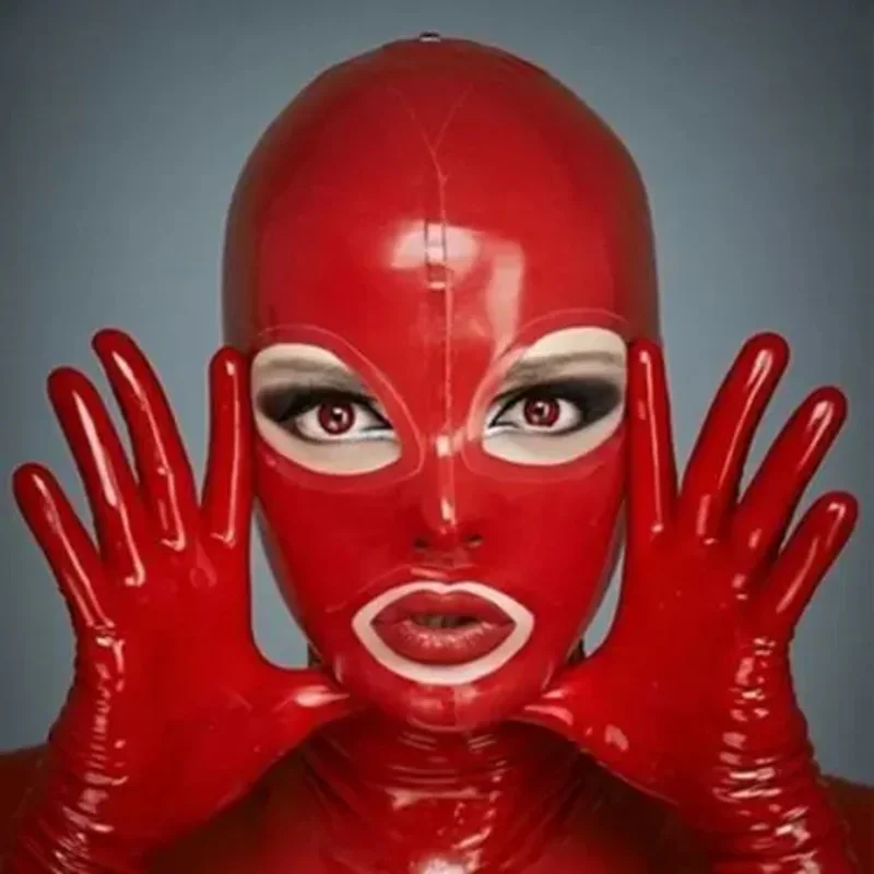 Latex Hood Rubber Gummi Red Open Mouth Masks Rear Zip Customized 0.4mm Halloween Cosplay Costumes for Women