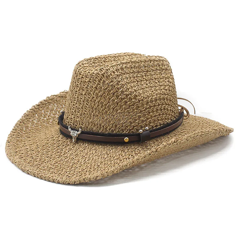 Breathable Summer Sun Hat, Hand-woven With A Rolled Brim, Western Cowboy Straw Hat With Cow Head Design, Vintage Beach Hat