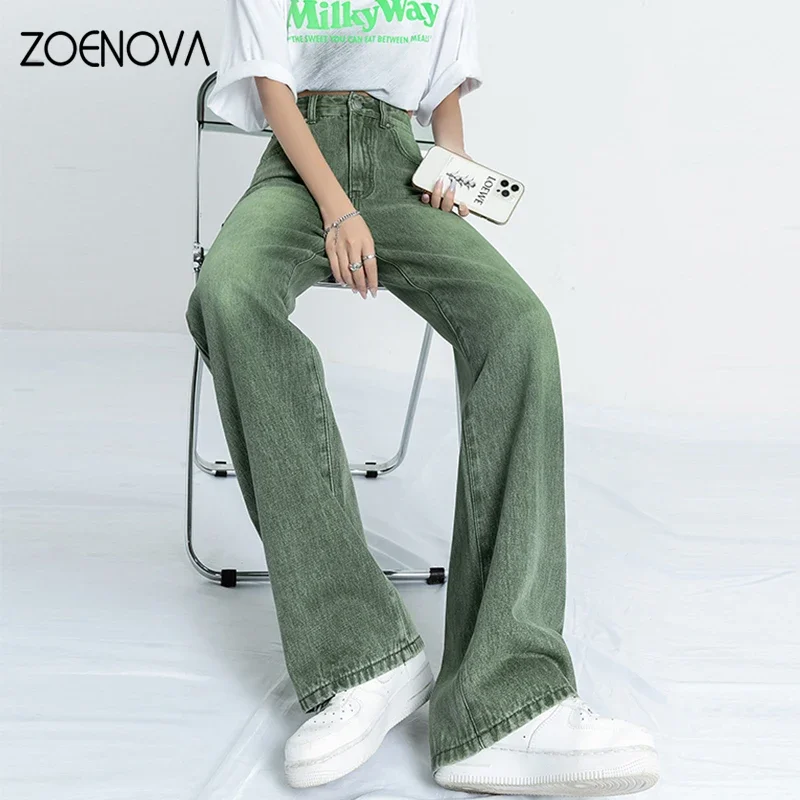 ZOENOVA  Baggy Jeans Green Woman 2022 Vintage Streetwear Y2k Korean Fashion Jean Denim Pants Straight  Wide Leg Female Overalls