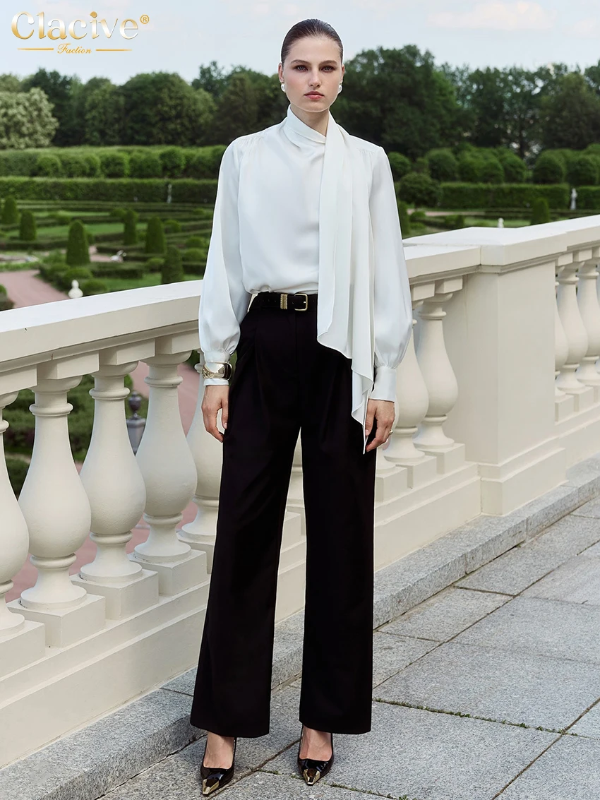 Clacive موضة فضفاضة الأبيض الساتان المرأة قميص 2025 عادية القوس طوق كم طويل قميص أنيق كلاسيكي قمة صلب الملابس النسائية