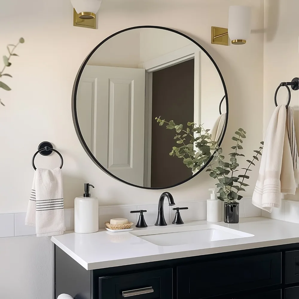 

36-Inch Black Circular Wall Mirror Featuring a Rust-Resistant Metal Frame - Ideal for Bathroom Vanities, Bedroom