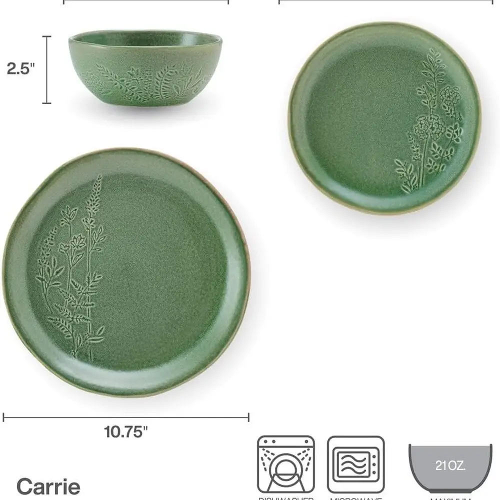Green 12-Piece Dinnerware Set for 4, Carrie Collection