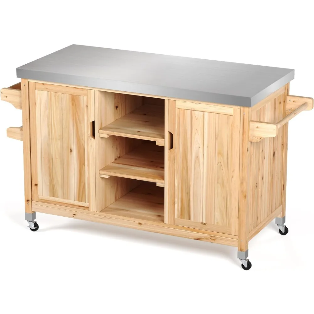 XL Solid Wood Outdoor Table and Storage Cabinet, 59.64’’L x 23.62’’W Movable Grill Table with Stainless Steel Top, Side Handle