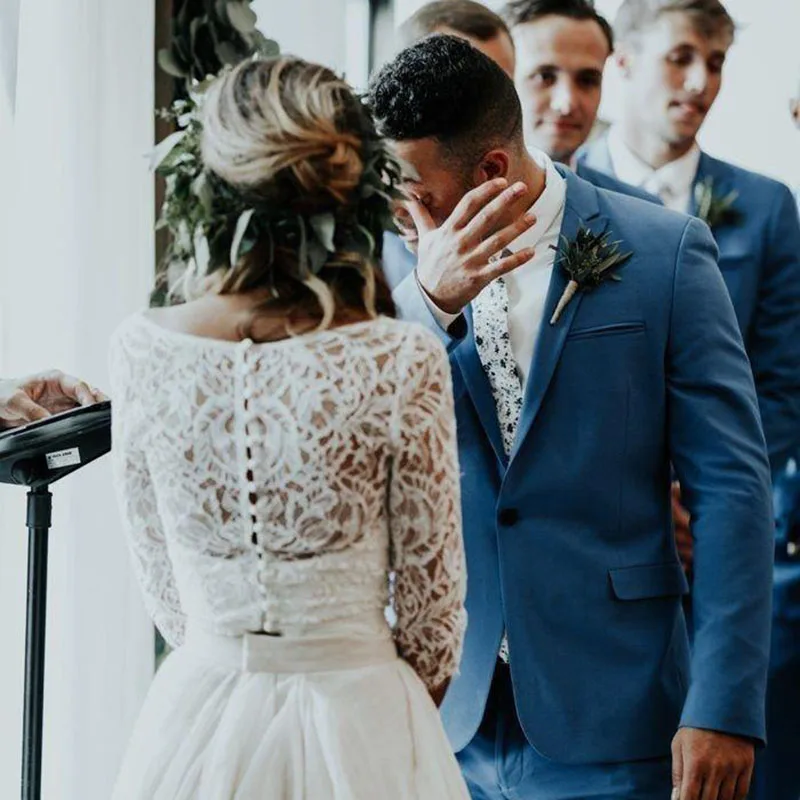 Abiti da sposa personalizzati Manica lunga 3/4 Una linea Bianco Avorio Chiffon Pizzo Principessa Beach Sposa Abito da sera in due pezzi per Wome