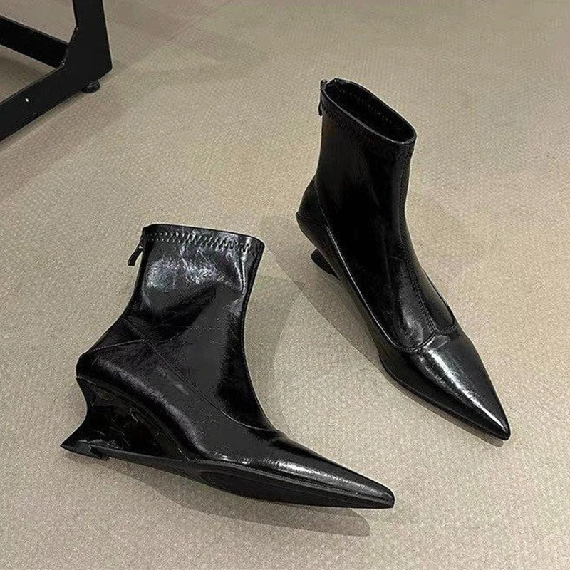 أسافين الأحذية النسائية أشار تو أحذية من الجلد عالية الكعب حذاء من الجلد 2025 الشتاء مثير مضخات البريدي تشيلسي الأحذية Mujer Snow Btoas #4