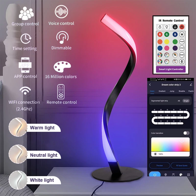 APP+ Remote Control Modern Table Lamp S-shaped Colorful Creative Light Dimmable Desk Decoration Eye Protection Bedside Lamps