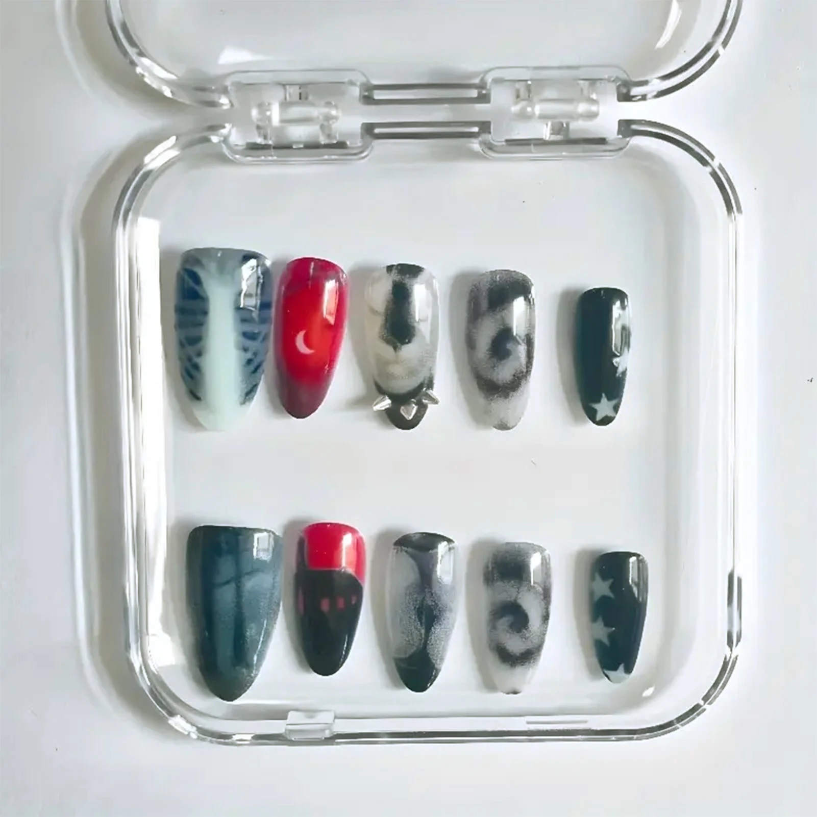 Faux ongles faits à la main, Style noir foncé, Y2k Star Horor Foreat, dessins à pression, Halloween, amande portable, 10 pièces