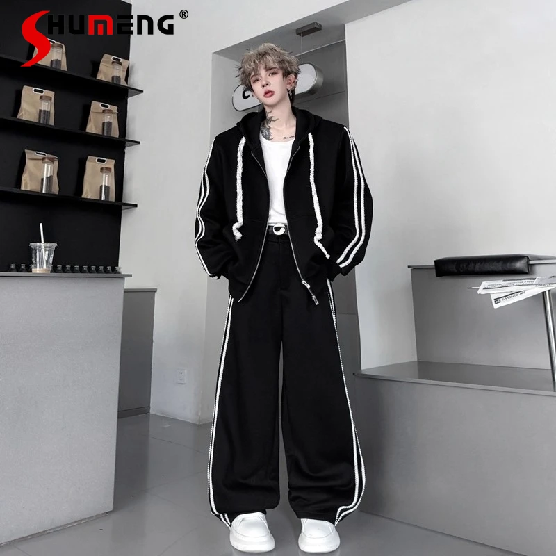 

Осень 2023, новинка, комплекты свитшотов на молнии с капюшоном и бисером, украшенные лентой, мужские подплечники, удобные спортивные брюки, шикарный комплект из двух предметов