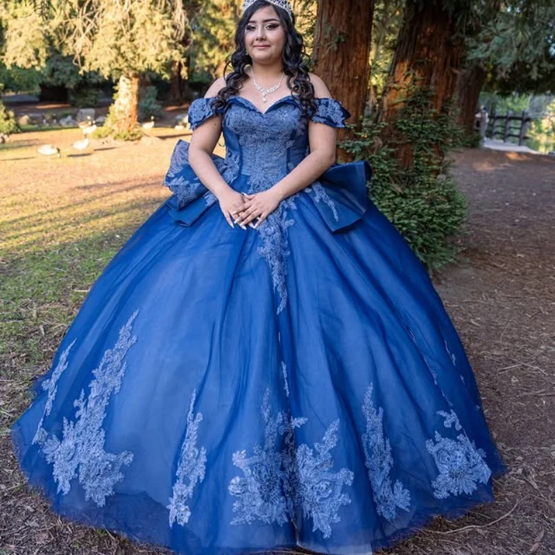 

Customized blue Quinceanera Dresses Off the Shoulder Tull applique trailing Vestido De 15 Quinceanera