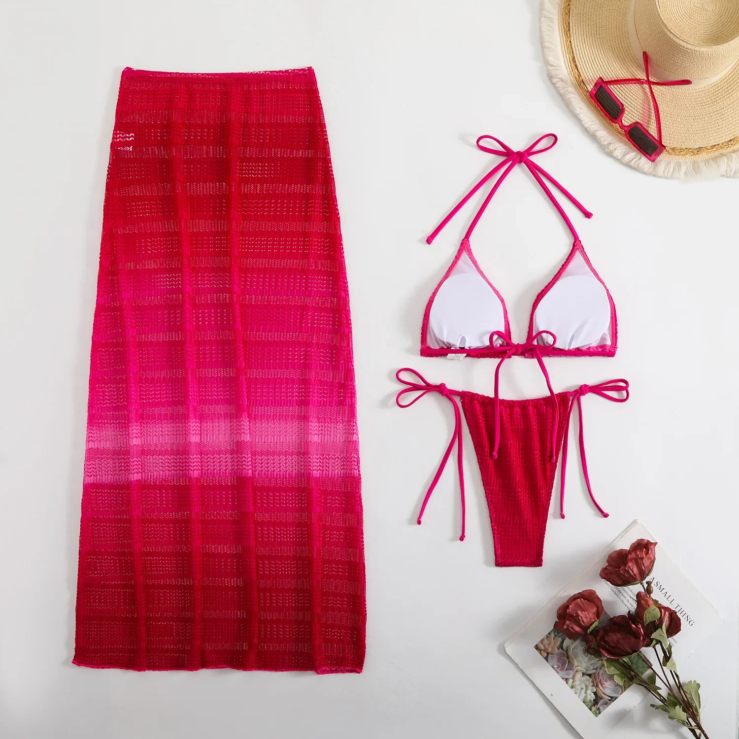 Sexy Gradient Women Swimwear with Lace Long Beach Dress Skirt 3 Piece Bikini Sets Swimsuit Beachwear Bathing Suit Outfits