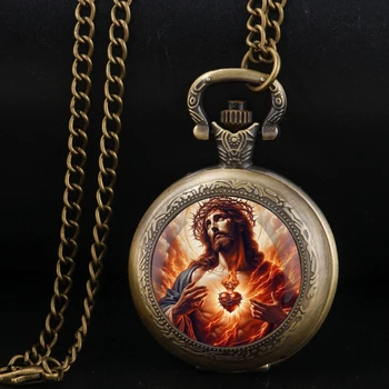 Montre de poche à quartz vintage en bronze pour hommes et femmes, horloge à pendentif unique, collier mystérieux de Jésus, accessoires cadeaux, nouveau