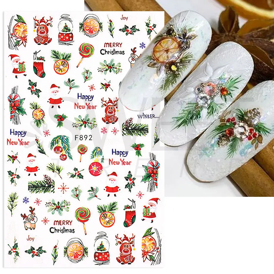 3D Christmas Sticker Nail Decal Winter Snowflake Holly Tangerines Cartoon Santa Bird 2022 New Year Nail Design Decoration BEF892