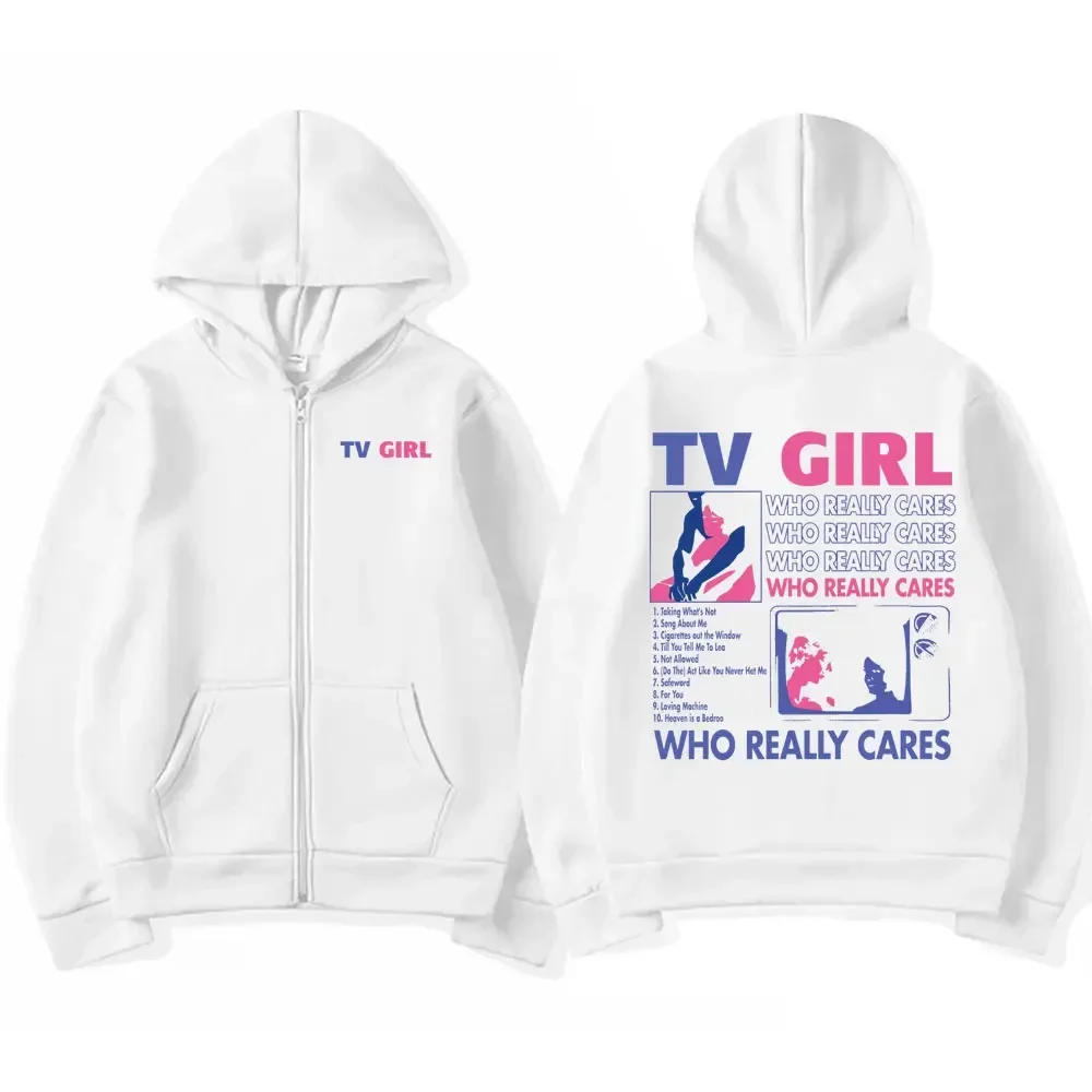 TV Girl Who Really Cares Print Zip Up Hoodie Unisex Oversized Black Streetwear Jacke – Detail 4