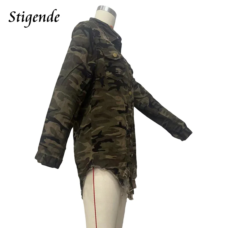 Stigende Ripped Green Camouflage Jacket Women Single Breasted Lapel Neck Distressed Coats