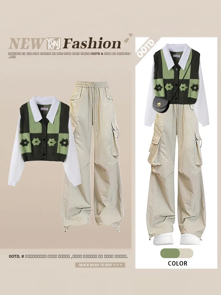 

Fall New Style High-End Color Block Knitwear Set College Style American Retro Workwear Pants Women Fashion Ensemble