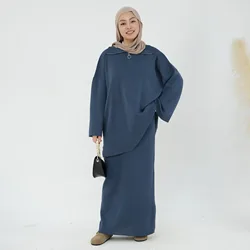 Women 2 Piece Set Modest Muslim Warm Knit Zip Pullover Sweater Long Skirt Autumn Winter Outfits Islam Clothing Dubai Abaya Dress