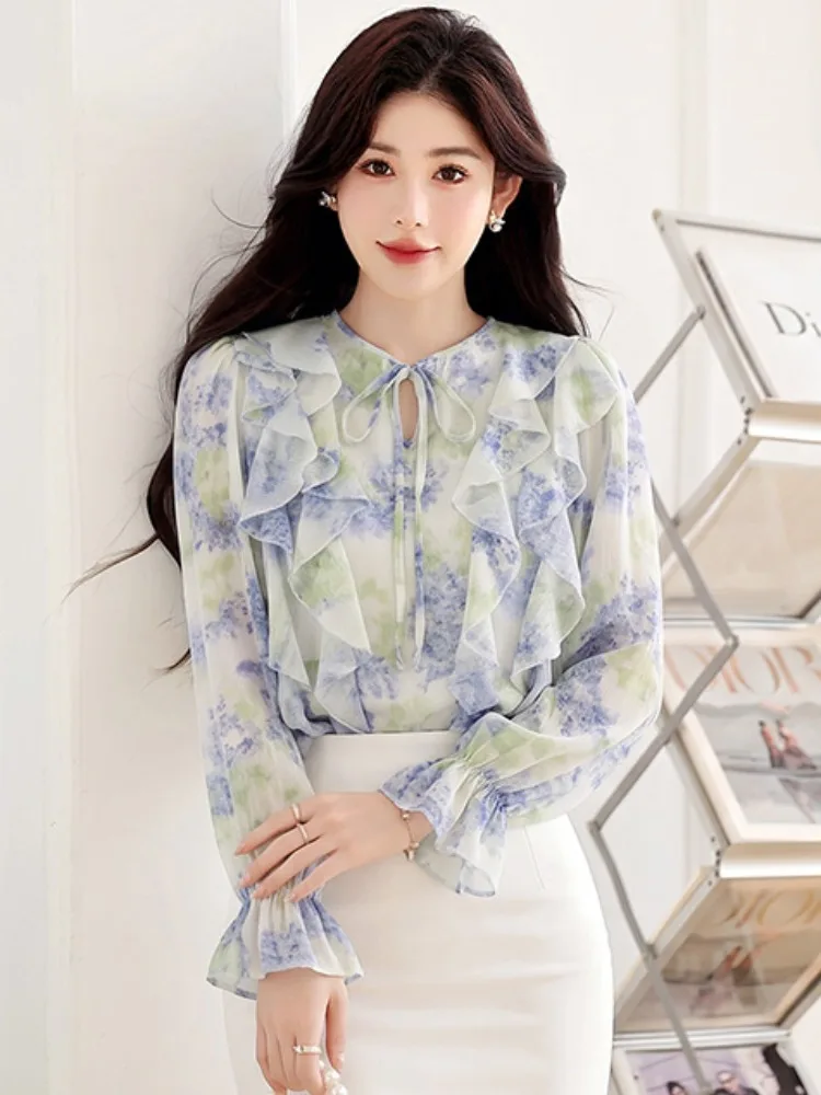 Gentle Gradient Print Loose Women's Shirt with Flounce Sleeve And Belt Autumn 2026 Chiffon Blouse V-Neck Long Sleeve Polyeste...