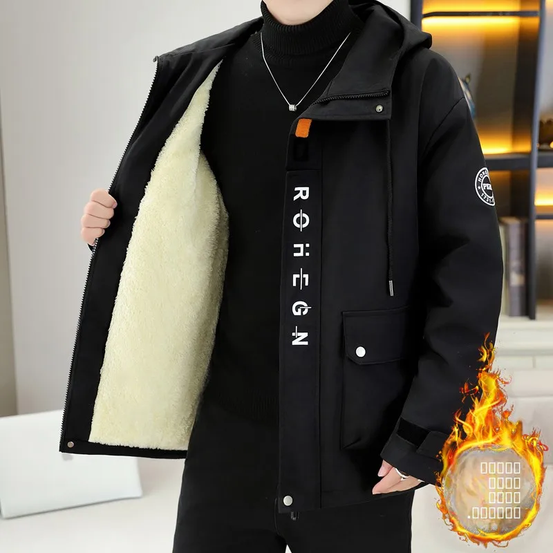 

New Winter Hooded Jaet for Men Thiened Fce Casual Youth ular Loose Fit Long Sve Pure Color Warm Outerwear