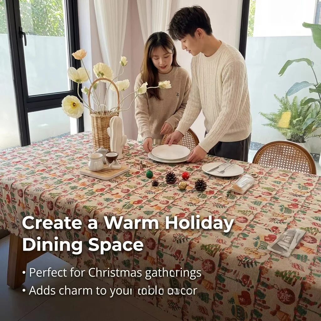 

Christmas Theme Rectangular Tablecloth Home Use Outdoor Table Decorative Floral Embroidery Warm Color Dustproof Machine Washable