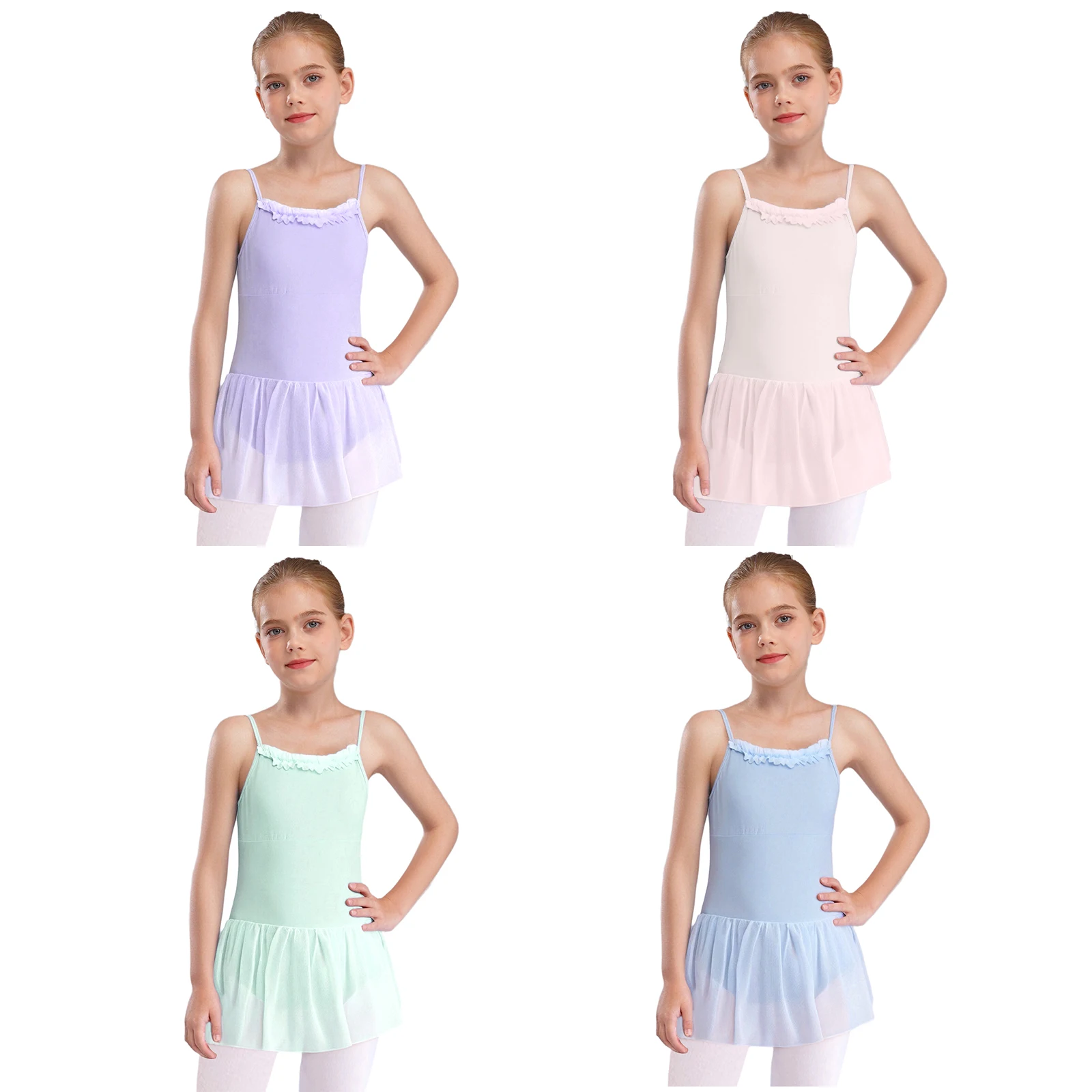 

Child Girl Ballet Practice Examination Performance Dancewear Ruffled Neckline Sleeveless Adjustable Spaghetti Straps Dance Dress