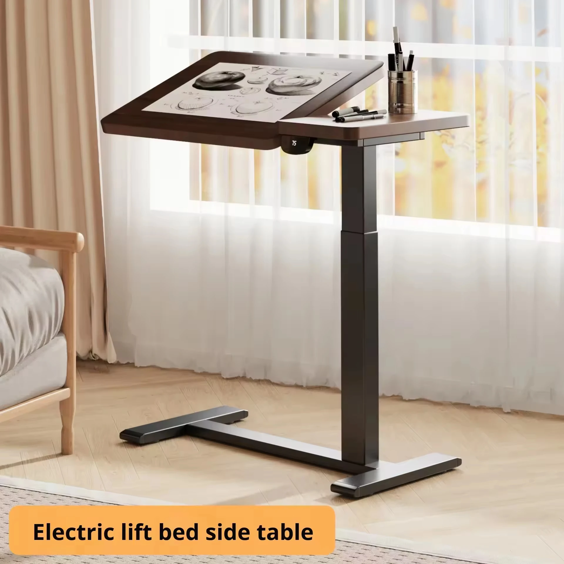 Modern Style Mobile Pneumatic Adjustable Height Overbed Table With Tilt Function Wood Hidden Wheels For Hospital/Bedroom Use