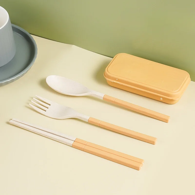 Folding Portable Plastic Tableware Wheat Straw Knife Fork Spoon Chopsticks Japanese-style Travel Picnic Camping Cutlery