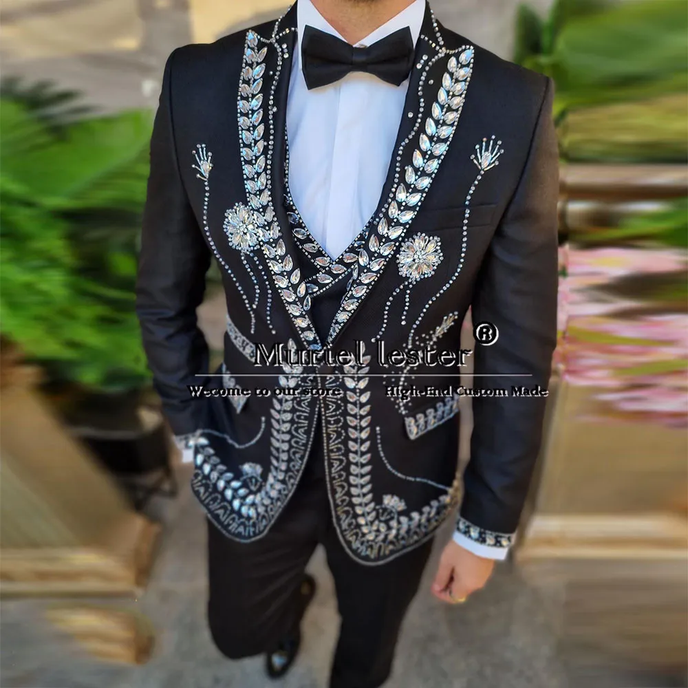 Luxury Crystals Beaded Stone Suits Men For Wedding Tailored Made Business Banquet Prom Blazer Groom Tuxedo Male Fashion Clothing