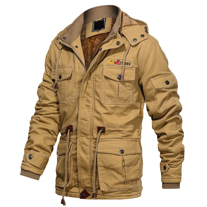 

2025 Hot-Selling Mid-Length Hooded Jacket for Men, Fleece-Lined, Plus Size, Multi-Pocket Military-Style Ca