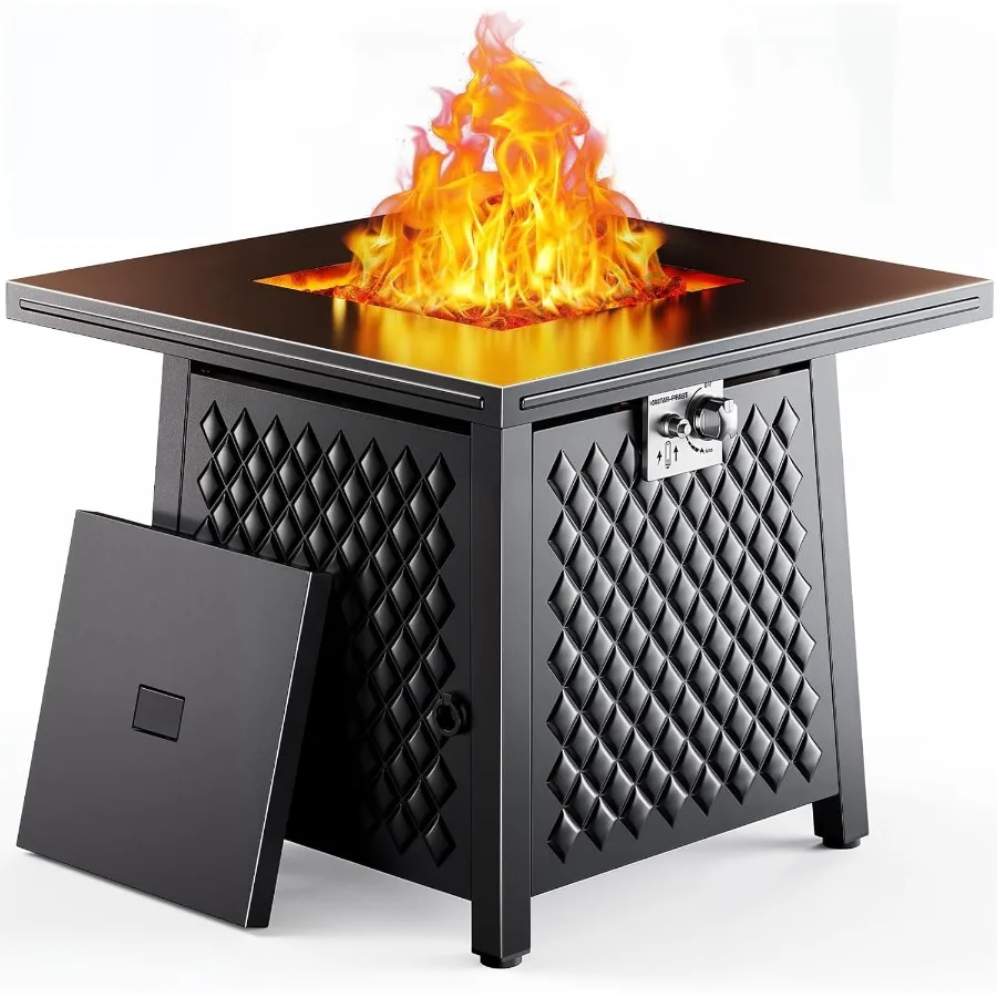 

28 Inch Propane Fire Pit with 50 000 BTU Output for Outdoor Use Steel Lid and Lava Rock Included 2in1 Square Fire Table Perfect