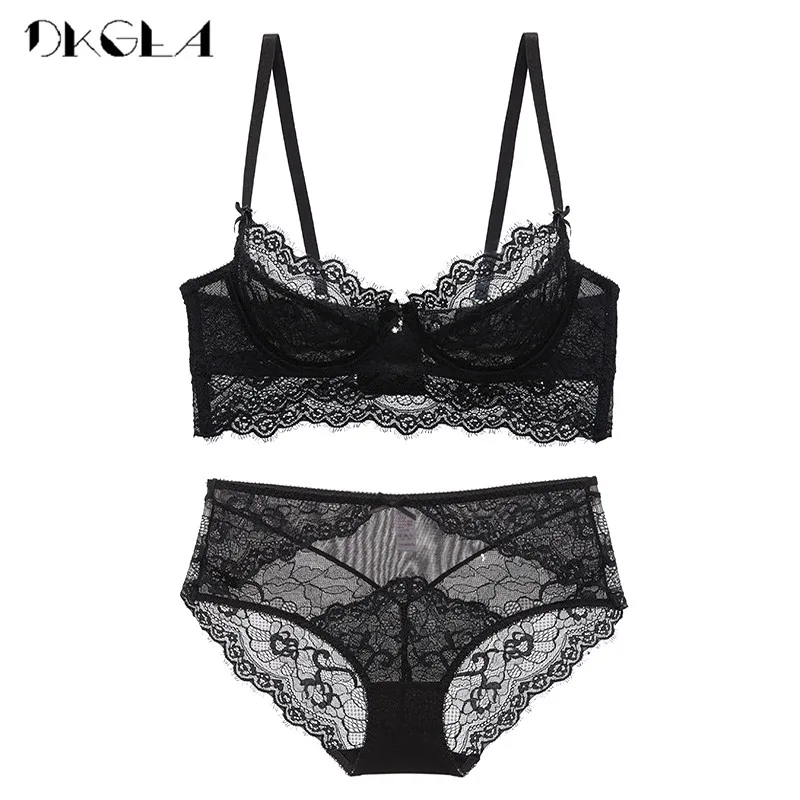 Deep V Sexy Underwear Ultrathin Bra Set Plus Size Brassiere Green Women Lingerie Set Lace Embroidery Transparent Bra Panties Set