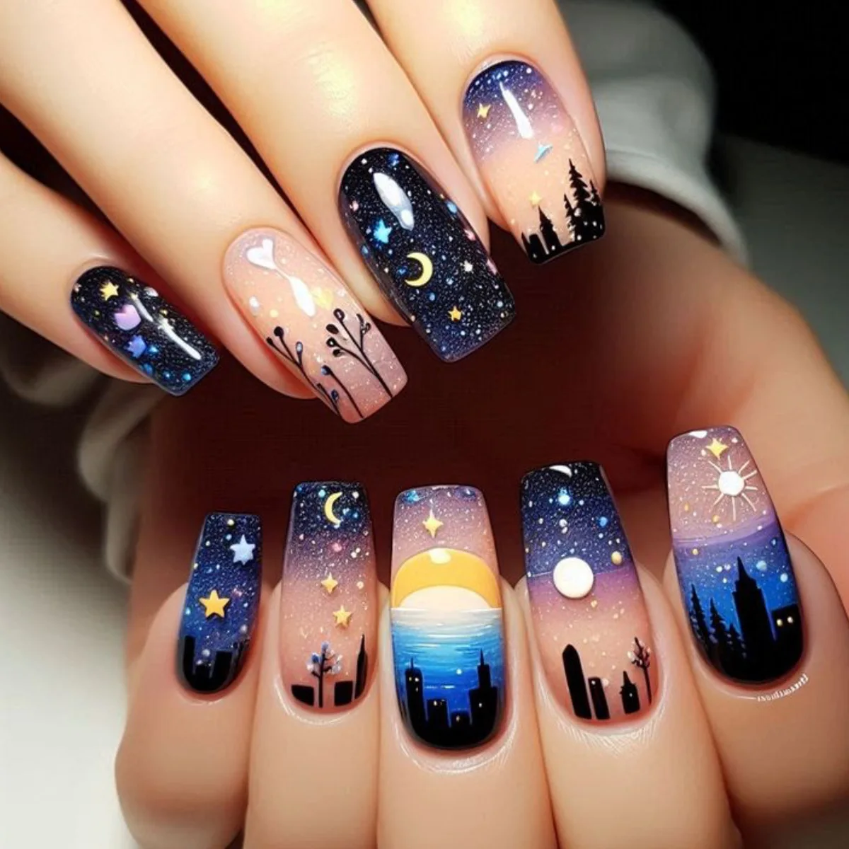 

24pcs Mid-length Ballet False Nails Reusable Starry Sky Smudge Design Press on Fake Nail Tips Gradient Colorful Full Cover Nail