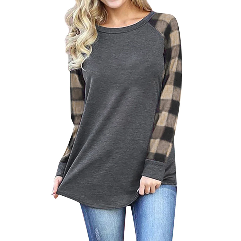 Women T-shirt Round Neck Long Sleeve Splicing Plaid Casual Top, Red Plaid, M