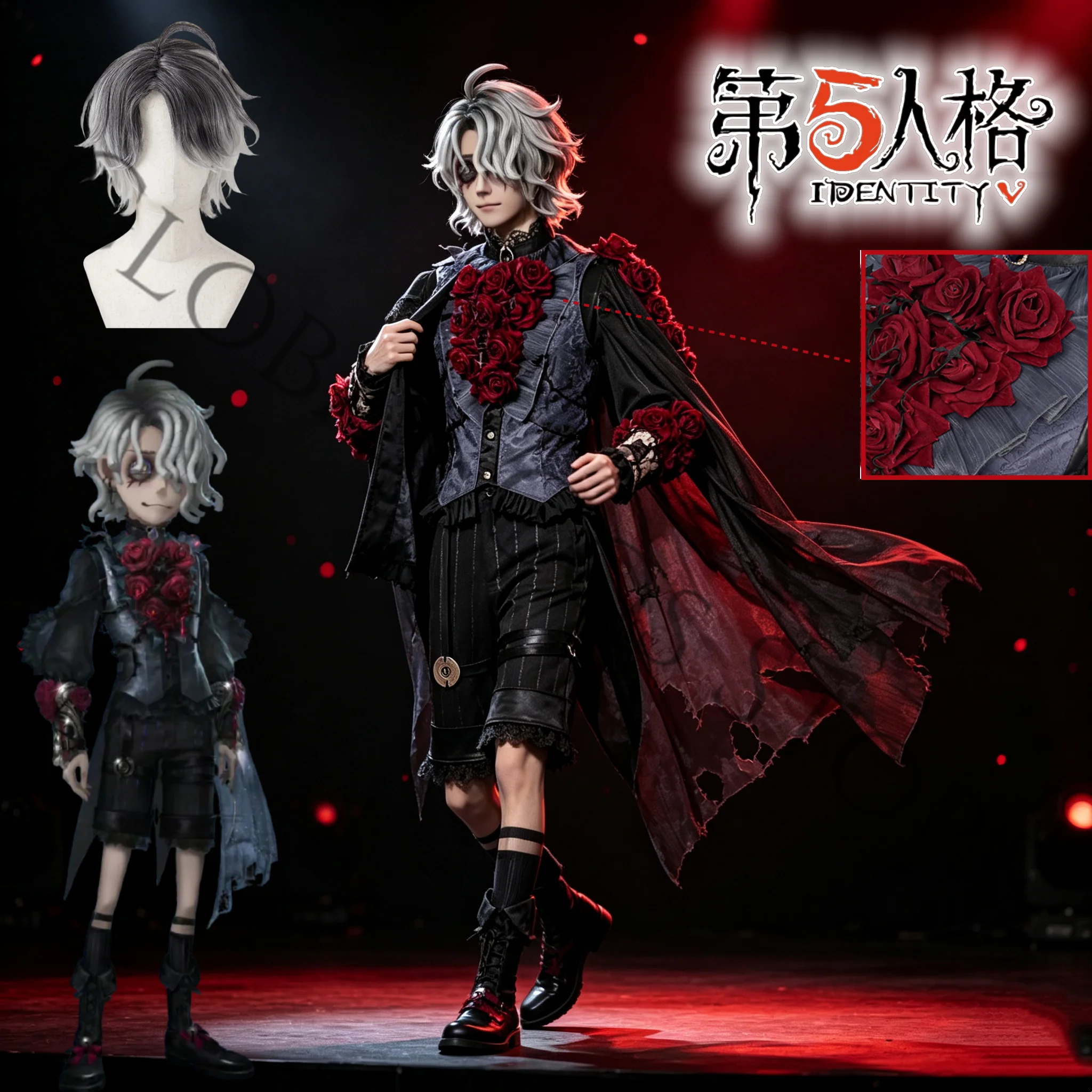 Perruque de cosplay du patient Emil du jeu Identity V, noire et rouge, accessoires d'uniforme gothique pour Halloween et spectacles sur scène