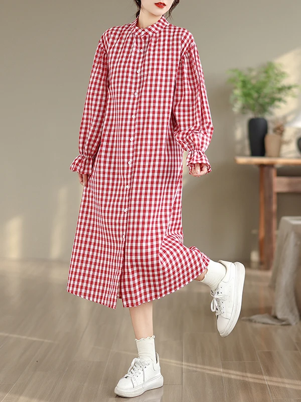 High-End Koreaanse Japanse Plaid Lange Dr Dames Faionable Veelzijdige Retro Aosphere Kraag Dr Plus Size A-lijn Rok