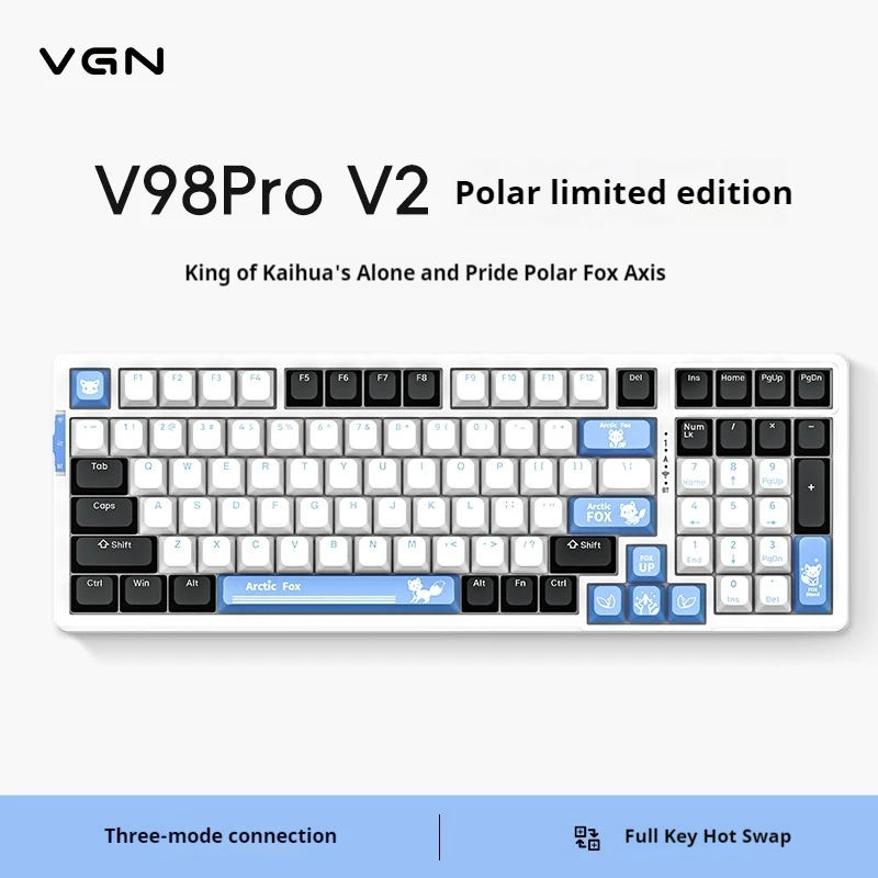 Vgn V98 Pro V2 Polar Fox Three Mode Wireless Bluetooth Hot Swap Gasket Customized Esports Game Mechanical Keyboard For Pc Gamer