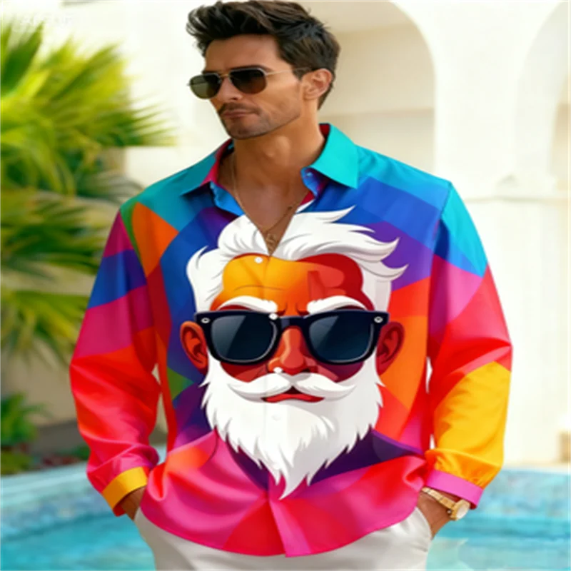 

2026 Men's Christmas Santa Sunglasses Printed Button Pocket Long Sleeve Shirt Casual Holiday Shirt Gift