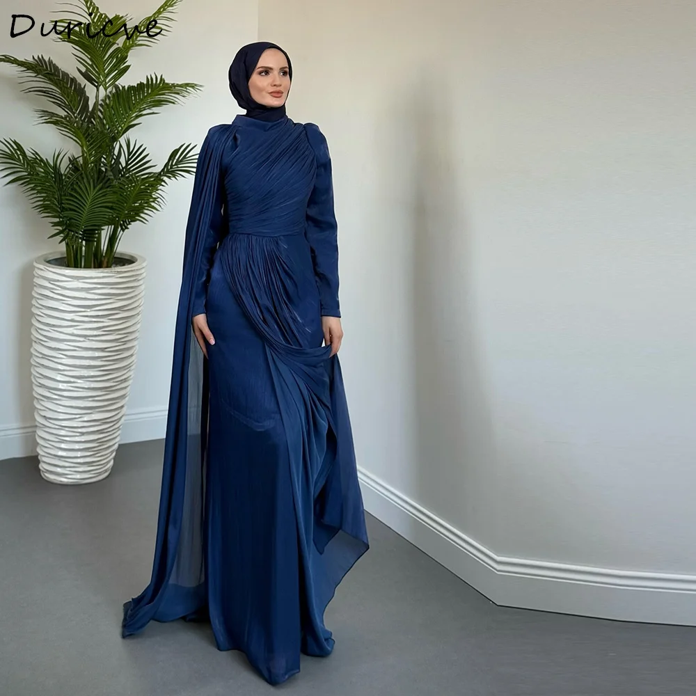 Duricve Customized Navy Blue Chiffon Mermaid Muslim Evening Dresses Long Sleeves High Neck Modest Formal Prom Gown robe de soiré