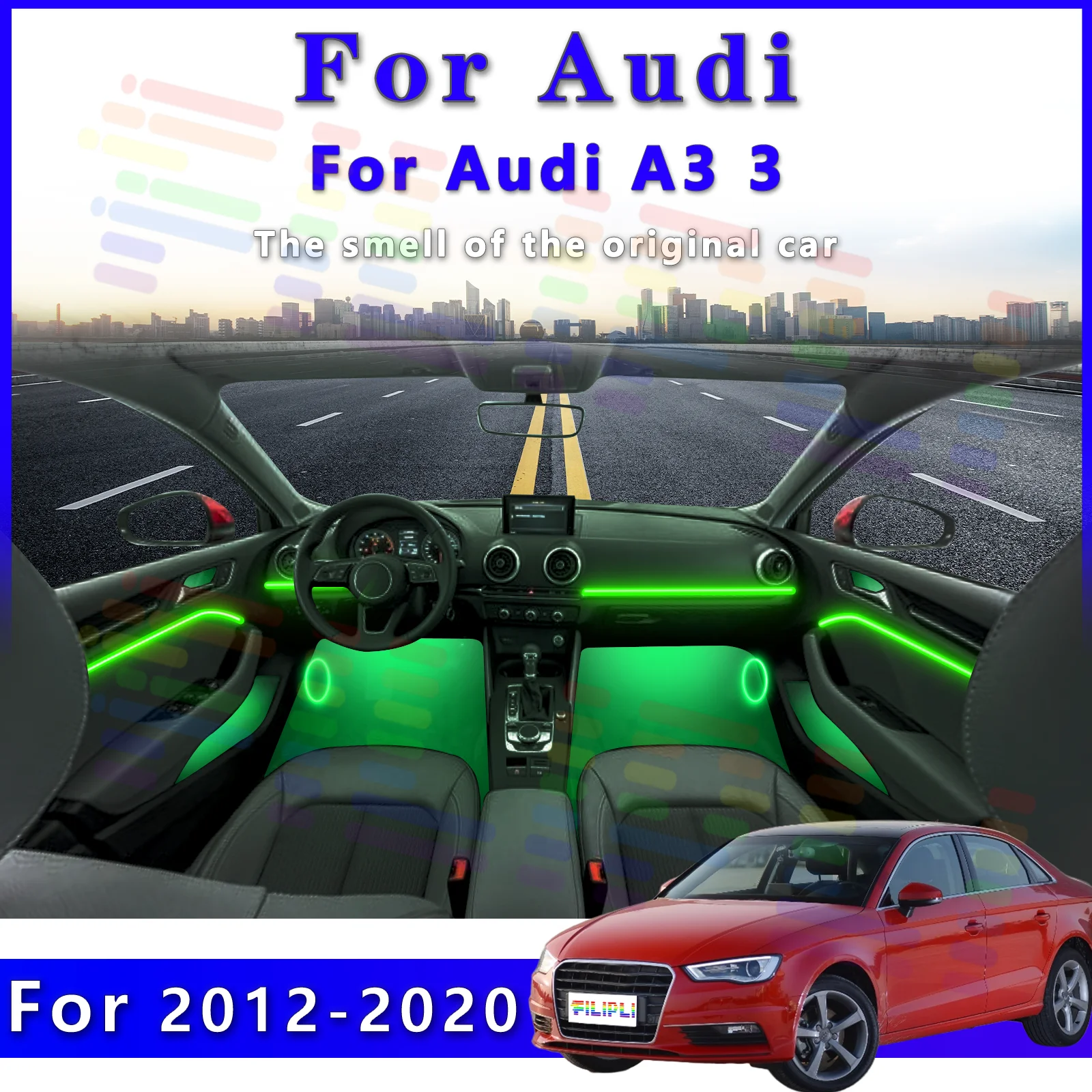 

Для Audi A3 2012-2020: Светодиодная RGB-подсветка салона, оптоволоконная неоновая невидимая атмосферная лента, декоративная подсветка с управлением через приложение