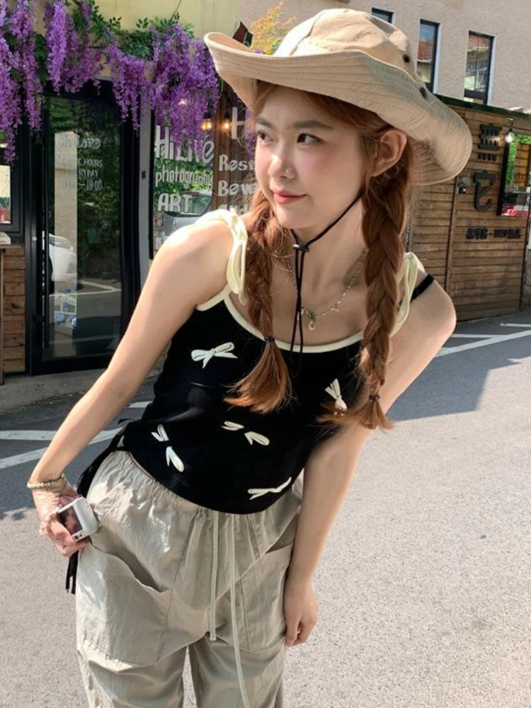 Camisole Women Lace-up Bow Simple Sweet All-match Daily Leisure Designed Korean Style Basics Summer Graceful Stylish Tender New