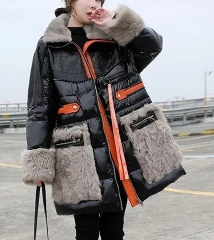 2026 Winter New Women's Down Jacket Splicing Windproof Fake Fur Jacket