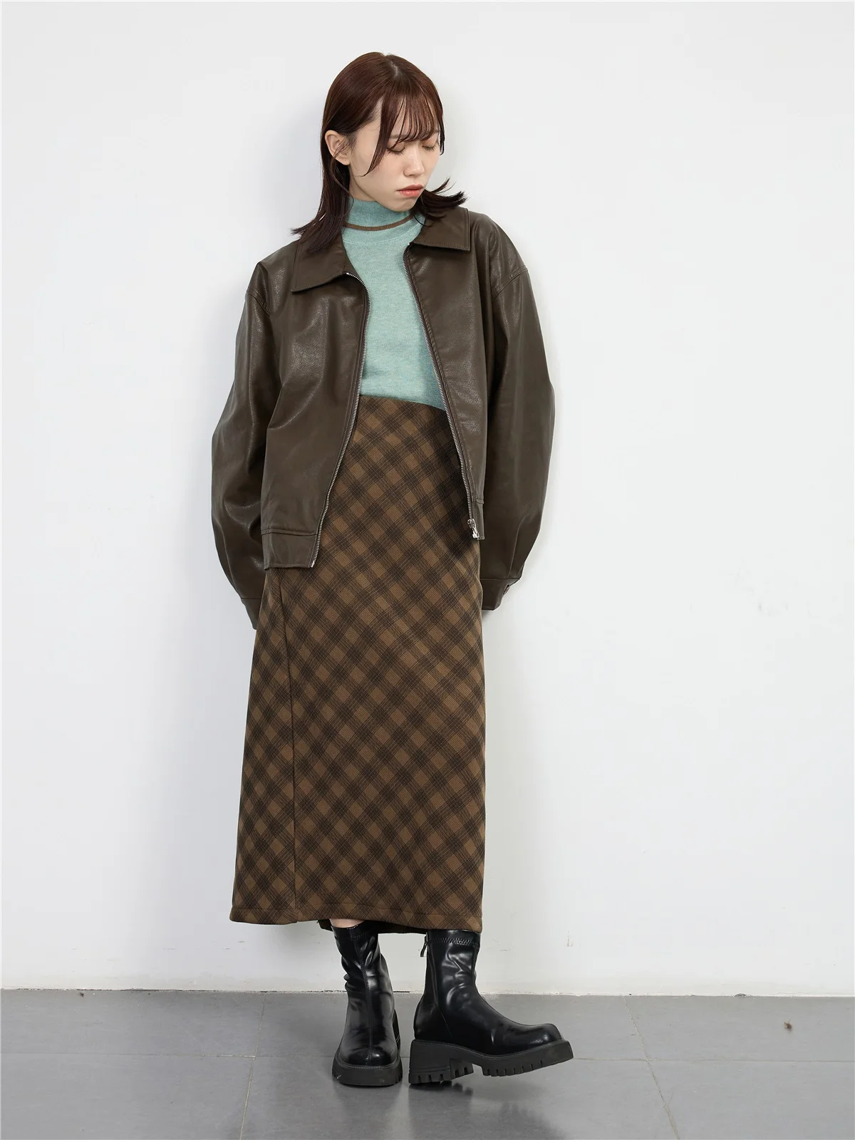 American Sle Retro Brown PU Leather Jaet Women's Spring Autumn Loose Casual Motorcycle ort Top Hong Kong Sle Zipper