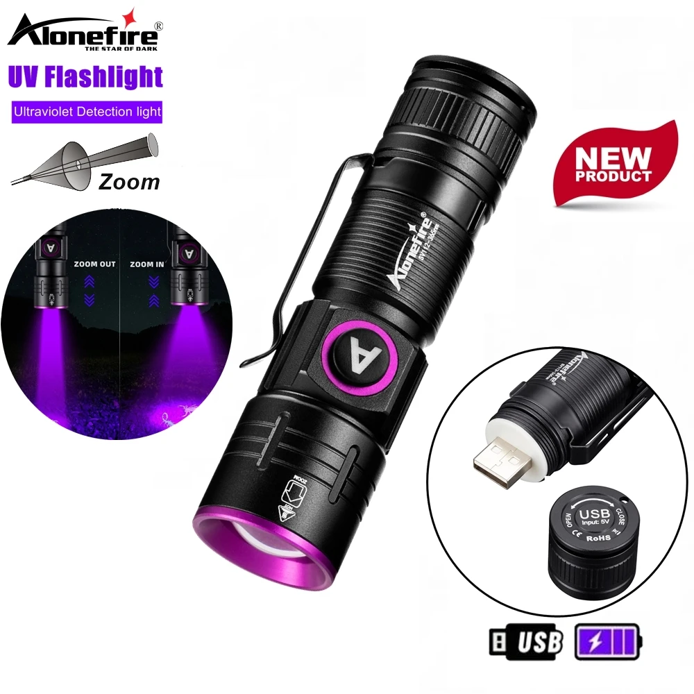 Zoom UV-Taschenlampe USB wiederaufladbar 395/365 nm UV-Licht Geld Haustier Urin Tinea Fleck Erz Fluorescer Marker Detektor Lampe